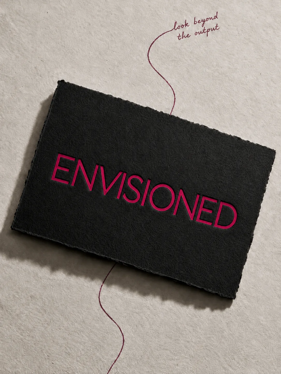 A black card embossed ENVISIONED in magenta, a thread running past it