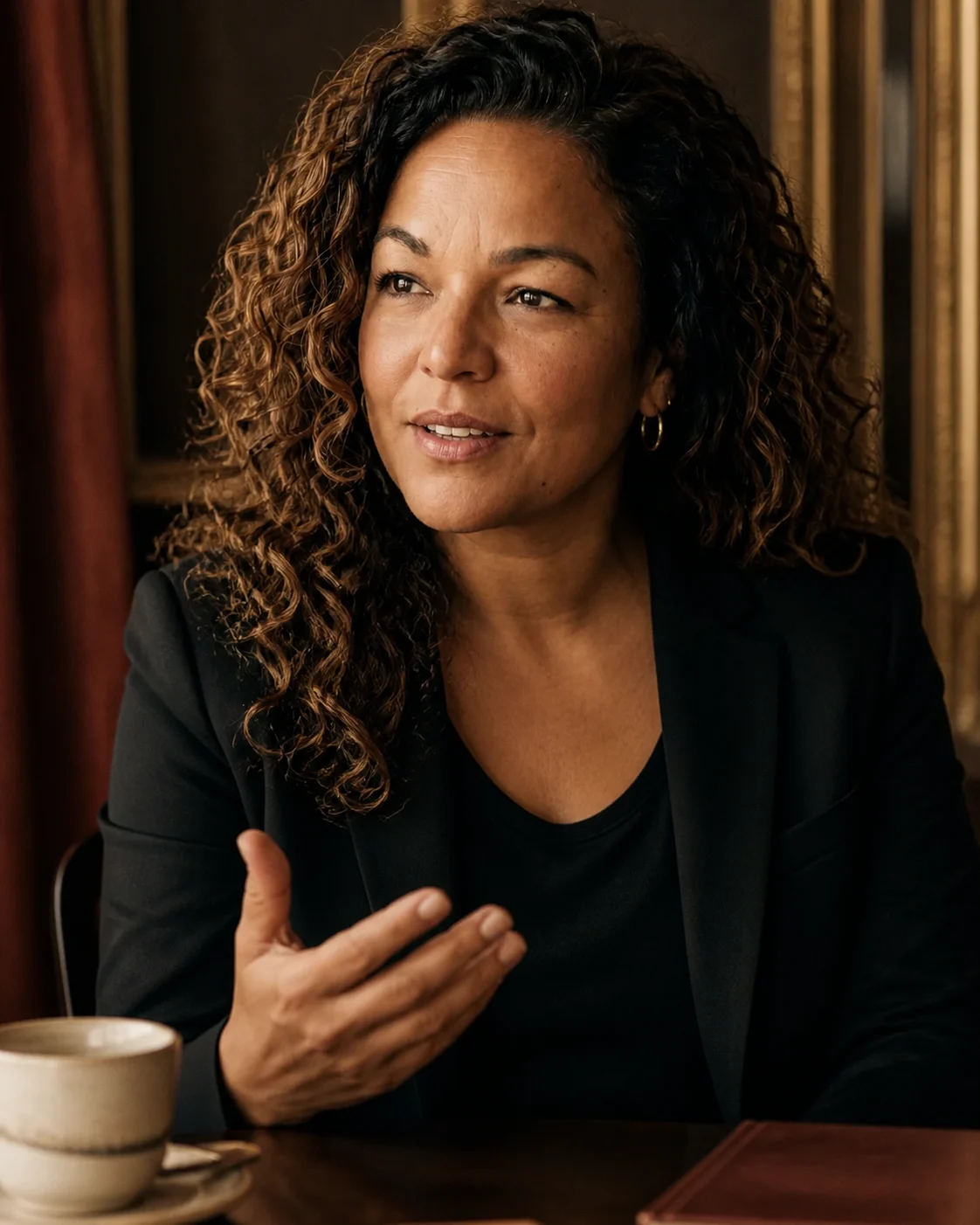 Maria-Inés mid-sentence over coffee, hand raised, explaining