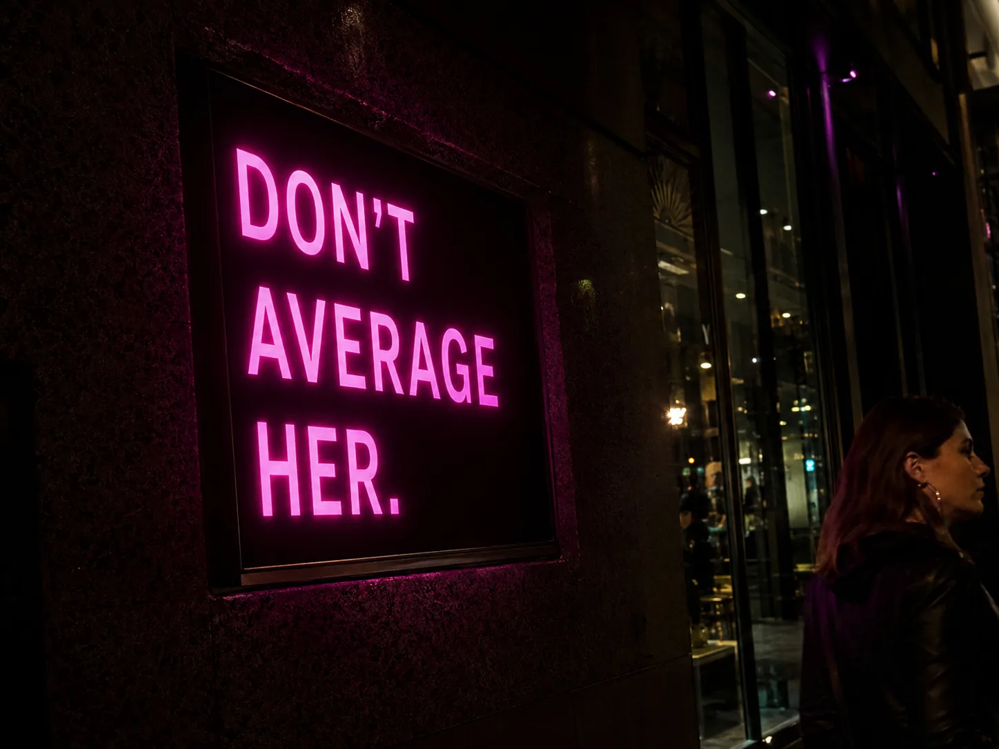 A neon sign in a night-time shop window reading Don't average her, a woman walking past
