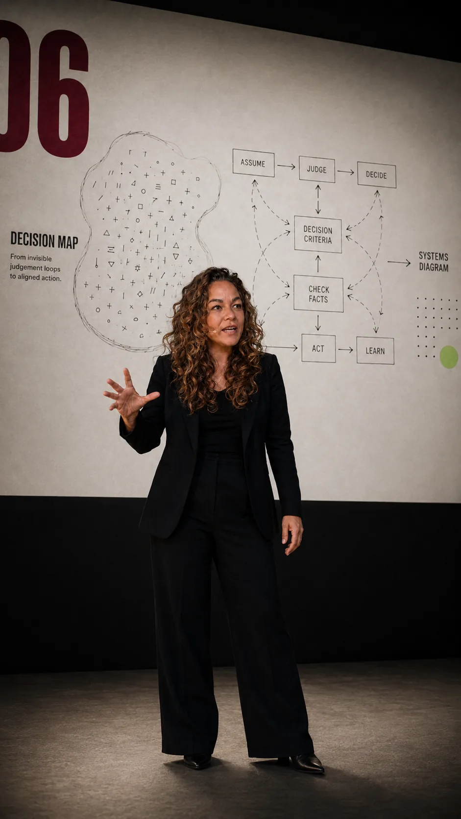 Maria-Inés speaking on a stage in front of a wall-sized decision map
