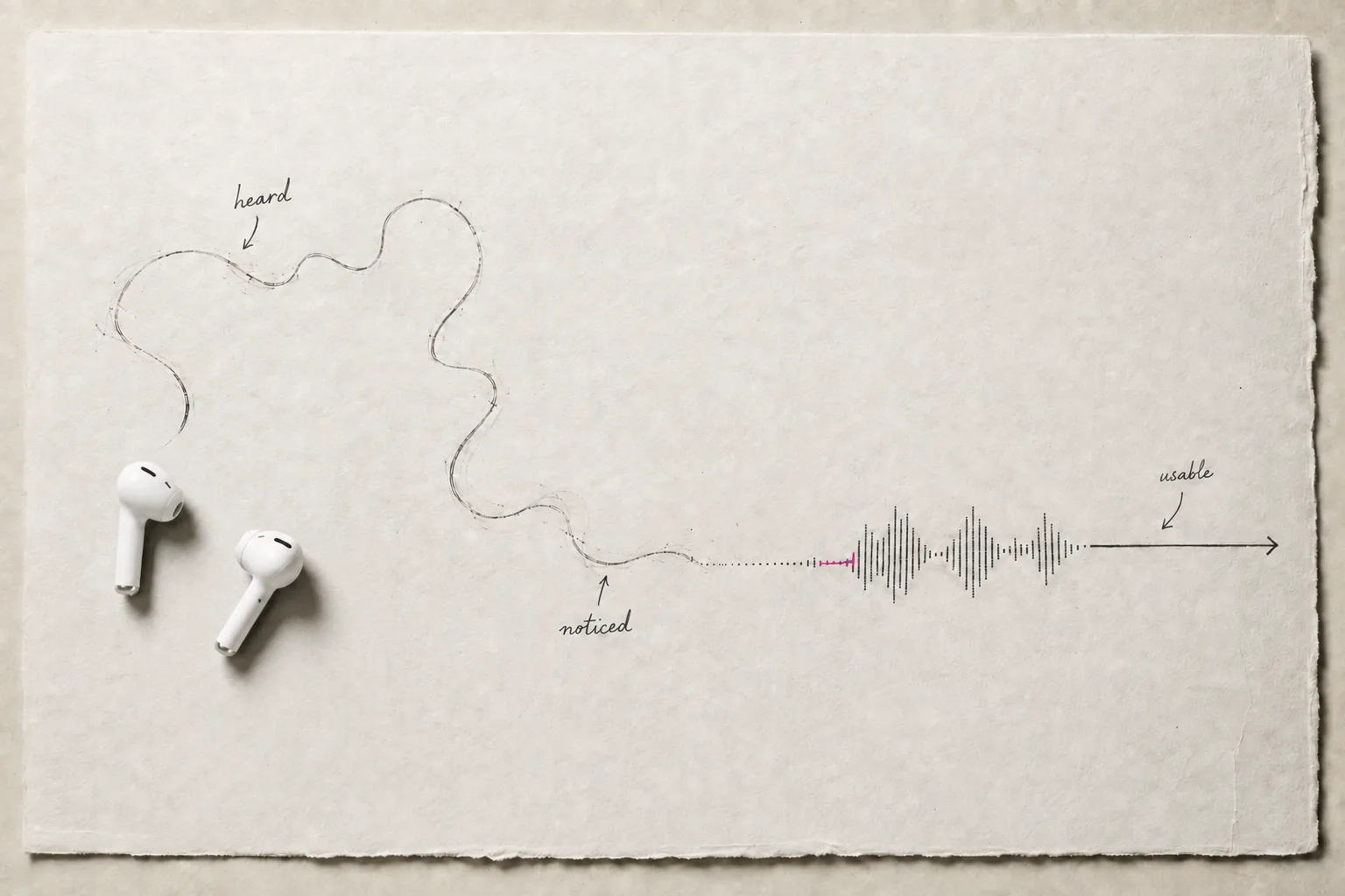 A hand-drawn thread from earphones to a voice waveform, labelled heard, noticed, usable